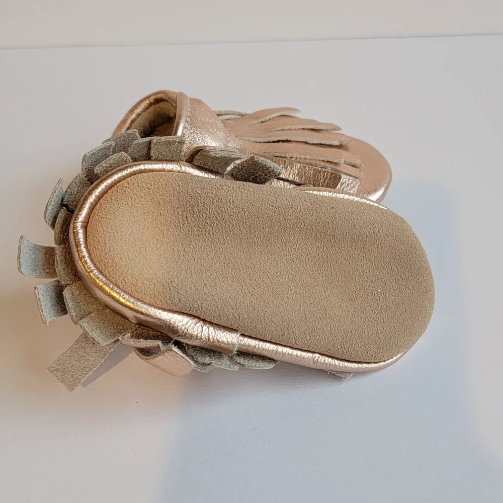 Rose Gold leather fringe baby Moccasin shoe baby bootie leather handmade